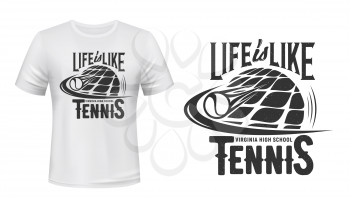 Tennis sport t-shirt print vector mockup. Tennis ball flying with speed after racket kick and typography. Sport club or school, competition, championship or tournament player apparel vector print