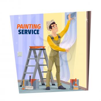 House renovation and repair service worker. Man in overalls and paper hat gluing and aligning a wallpapers with smoother or spatula, painting apartment wall with brush. Painting service worker