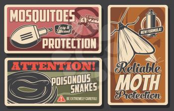 Mosquito and moth protection, snakes danger vector signs. Disinsection repellents for insects and poisonous serpents health protection. Mosquito, moth fumigation tool electric repellent, retro posters