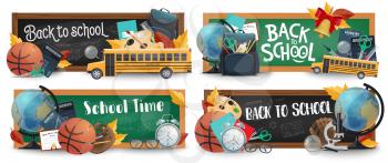 School education blackboard vector banners. Cartoon green and black chalkboards with learning and stationery. Books, maple leaves, school bus and globe, ball, alarm clock and pens. Back to school