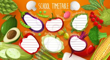 School timetable, schedule template with vegetables. Classes planner, timetable with artichoke, tomato and eggplant, avocado and pepper, daikon radish and zucchini, corn, pea and broccoli vector