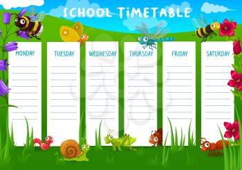 School timetable with meadow and cartoon funny vector insects. Bee and horne, butterfly and caterpillar, ant, snail and grasshopper, dragonfly and bug on green lawn. Timetable week education schedule