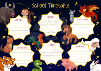 School timetable vector template of student education schedule with Chinese New Year zodiac animals. Lesson timetable or plan chart of weekly planner with horoscope rat, dragon, dog and pig, tiger, ox