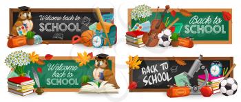 School blackboards, education vector banners. Back to school typography, cartoon green and black chalkboards with learning stuff and schoolbag, ball and owl, books and leaves, flowers and microscope