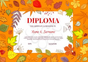Kids diploma with autumn leaves vector template. educational kindergarten, college or kid school certificate. Child award border design, education diploma for participation, achievement or graduation