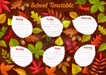 School timetable with autumn leaves, weekly student schedule vector template with trees or plants foliage and acorns. School time table, student classes with oak, maple and rowan with chestnut leaf