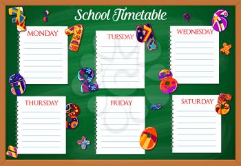 School timetable vector template of student education schedule on school chalkboard. Study plan with weekly chart of pupil lessons, planner on blackboard with numbers, digits and mathematical symbols