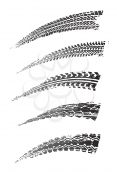Tire prints, car tyre tracks isolated grunge vector marks. Auto or bike race, vehicle, transportation dirty wheels trace. Abstract monochrome brush stroke pattern, graphic texture, design elements set