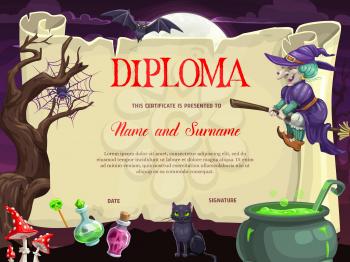 Kids diploma with Halloween vector witch on broom, black cat, bat and spider on web, cauldron, fly agaric and potion. School, kindergarten certificate template with parchment and Halloween characters