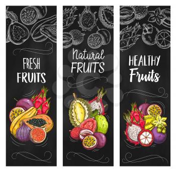 Exotic fruits vector banners with sketch pitahaya, mangosteen and papaya, figs, durian with carambola, guava, lychee and passion fruit. Hand drawn engraving natural tropical fruits on black chalkboard