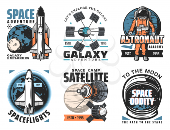 Space and planets exploration vector icons. Shuttle launch vehicle and orbiter with solar system platens, artificial satellites and orbital telescopes, astronaut in spacesuit retro illustrations