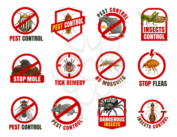 Pest control isolated vector icons. Colorado beetle, cockroach and rat with locust, mole, tick and mosquito with flea. Fly, mouse and spider with ant cartoon prohibition signs, dangerous insects warn