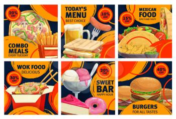 Fast food combo meals sale promo posters. Vector pizza, cheeseburger and french fries with sandwich and beer. Sweet bar donut, pie and ice cream desserts. Burgers, wok noodles and tacos takeaway food