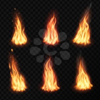 Fire, campfire isolated vector torch flame. Burning bonfire glow orange and yellow shining flare blaze effect with sparks, flying particles, embers and steam. Realistic 3d ignition tongues set