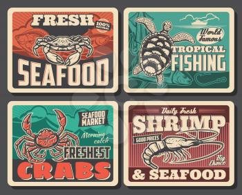 King or shear crab, turtle and shrimp vector retro posters. Tropical fishing, seafood market production vintage cards design, underwater animals. Fisherman club and fishing sport, crustacean in ocean