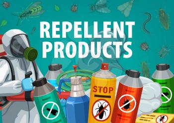 Disinsection, insect control with repellent products vector poster. Worker spraying insecticide with cold fogger against insects. Pest exterminator in protective suit spray aerosols and toxic remedy