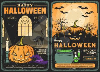 Halloween pumpkins, bats and moon vector design of spooky night party. Horror haunted house with witch hat, cat and potion cauldron, creepy graveyard, moon, bats and trees retro invitation posters