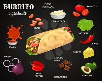 Mexican burrito ingredients. Mexican cuisine meal with sour cream, tomatoes and lettuce, chili pepper, cheese and avocado, ground meat, onion and salsa sauce. Fast food cafe dish cartoon vector banner