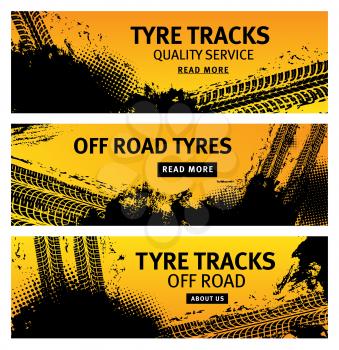 Tyre tracks, off road tire prints, grunge vector car treads with black dotted spots and marks. Rally, motocross bike protectors, vehicle, transportation dirty wheels trace. Quality service banners set