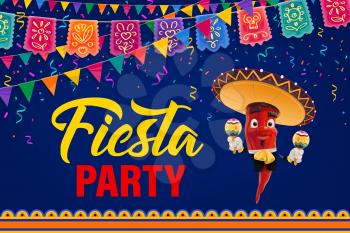 Mexican fiesta party vector poster. Cartoon pepper Mariachi character Mexico musician in sombrero and national costume playing maracas. Cinco de Mayo event invitation with flag garlands and fireworks