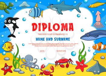 Kids diploma with underwater animals. Kindergarten vector certificate with cute cartoon octopus, starfish, squid or crab, white killer or shark. Angel fish, turtle and jelly fish, kids diploma
