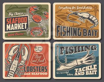 Shrimp, lobster and cuttlefish seafood vector retro posters. Fishing, fisherman equipment tackles, fish hooks and bait. Sport competition outdoor activity, restaurant production, underwater animals