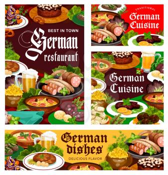 German cuisine restaurant meals banners. Hamburg steak and blood sausage, cheese, potato and cabbage salads, burghers cutlets and german sausage soup, baumkuchen cake with almond and glass of beer