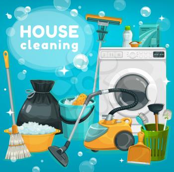 House cleaning, laundry vector supplies. Housework tools washing machine, laundry or home wash detergent box, floor mop, broom or toilet plunger. Vacuum cleaner, litter bag and brush cartoon poster