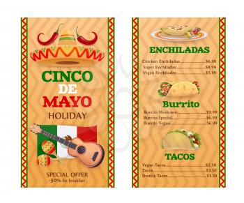 Mexican cuisine vector menu. Cinco de Mayo holidays meals tacos, burrito, and enchiladas Mexican food dishes. Cartoon menu design with sombrero, national flag, jalapeno red peppers, guitar and maracas