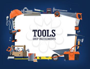 Construction, house repair tools shop banner. Wheelbarrow, toolbox and helmet, carpenter rule, measure tape and level, pickaxe and saw, multimeter, extension cord and tile cutter, screwdriver vector