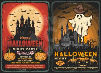 Halloween haunted houses vector design with horror night ghost and bats, pumpkins and trick or treat candies, spooky moon, graveyard and cemetery monsters. Halloween holiday party invitations