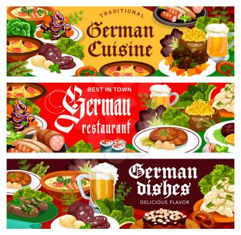 German food restaurant vector banners. Meals with pork meat, cabbage, potato and cheese salads, blutwurst and rolls, german soup with sausages, cake with almond, glass of beer. European cuisine dishes