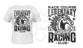 Horse racing club t-shirt vector print. Racehorse stallion head engraved illustration and retro typography. Equestrian sport race, horse riding club competition clothing print design mockup
