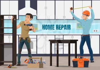 Home repair, apartment renovation service. House repair worker using electric screwdriver, assembling rack or cupboard, installing furniture on kitchen, handyman or foreman measuring room vector