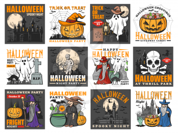 Halloween monster vector greeting cards. Spooky pumpkins, ghosts and witch, horror night moon, bats and skull, spider and black cat, evil wizard, zombie and mummy, haunted house, potion and graveyard
