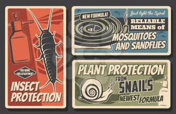 Insect and plant protection, pest control service, extermination repellents and house disinsection. Vector silverfish, snail and mosquito with sandflies, fumigation sprayer and coil vintage banners