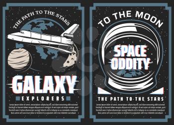 Galaxy explorers, space travel to stars vector banners. Space Shuttle orbiter flying in galaxy, Solar System planets and astronaut spacesuit helmet with planet Earth reflection. Moon program posters