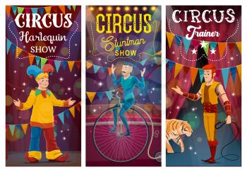 Big Top tent circus artists, performers cartoon characters. Clown in harlequin costume, tiger tamer or handler with whip, acrobat balancing on unicycle at circus arena. Circus show vector banner