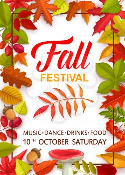 Fall festival flyer with bright tree leaves and mushrooms, vector invitation template for autumn season party celebration with music and dance. Cartoon design with chestnut, russula, rowan, oak acorn