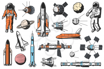 Space and astronomy icons vector set. Astronaut in spacesuit, space shuttle carrier and orbiter, artificial satellites and spaceships, orbital space station and solar system planet retro illustrations