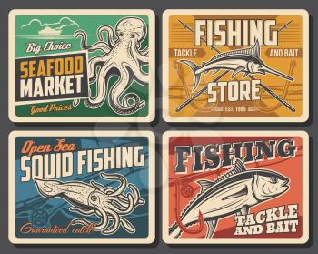 Tuna fish, marlin, squid and octopus vector retro posters. Seafood market or restaurant production. Fishing club activity, tackle store equipment, underwater animals fishing sports or active hobby