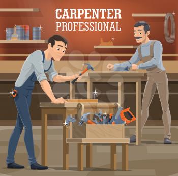 Professional carpenter workshop. Woodworkers in overalls shaping board with jack plane, carpenter working in shop and hammer nails. Carpentry handyman, toolbox with saw, chisel and wrenches vector