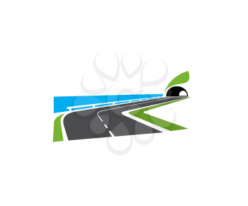 Speedway turn, seacoast road with tunnel icon. Highway on sea or ocean shore, coastal motorway with roadside railing and tunnel in hill or mountain vector. Transportation and road travel emblem
