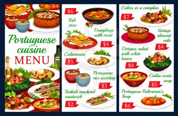 Portuguese vector menu template dumplings with meat, caldeirada and rice pudding. Turkish mackerel sandwich, vintage almond cake. Octopus salad with white beans, caldy verde soup Portugal food dishes