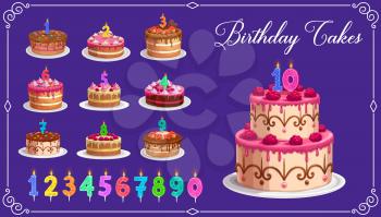 Candles on birthday cakes with age numbers from one to ten isolated vector icons. Happy birthday child party celebration. Cupcakes and colorful candle digits with fire light, anniversary candlelights