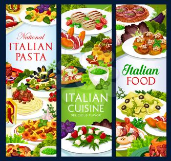 Italian cuisine vector food melon horned with ham, Italian meatballs, cannelloni, zampone with lentils. Beef tartare, chops with pesto sauce and raviolo, salad with mozzarella, meals of Italy banners