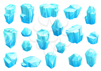 Ice crystals, blue magic gems vector icons. Jewel rocks or mineral stones isolated natural turquoise gemstone zircon, apatite, lapis lazuli, opal or quartz glass. Cartoon jewelry or ice crystals set