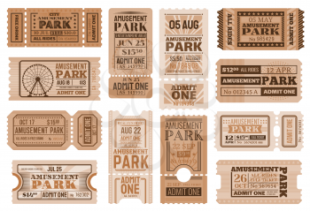 Amusement park ticket vector templates. Circus carnival show retro admission coupons, admit one and access cards with ferris wheels, circus performance and entertainment event invitation design