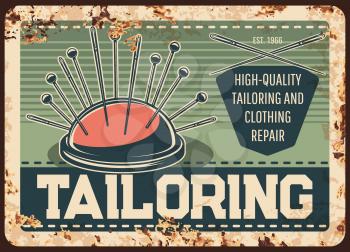 Tailor shop metal plate rusty, sewing clothes and repair atelier, vector retro poster. Tailoring and fashion seamstress workshop or dressmaking salon and clothes alternation service
