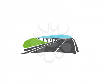 Asphalt road turn, speed highway with bridge icon. Modern speedway, transportation driveway with two roadways and guardrails vector. Transportation and road tourism emblem design element